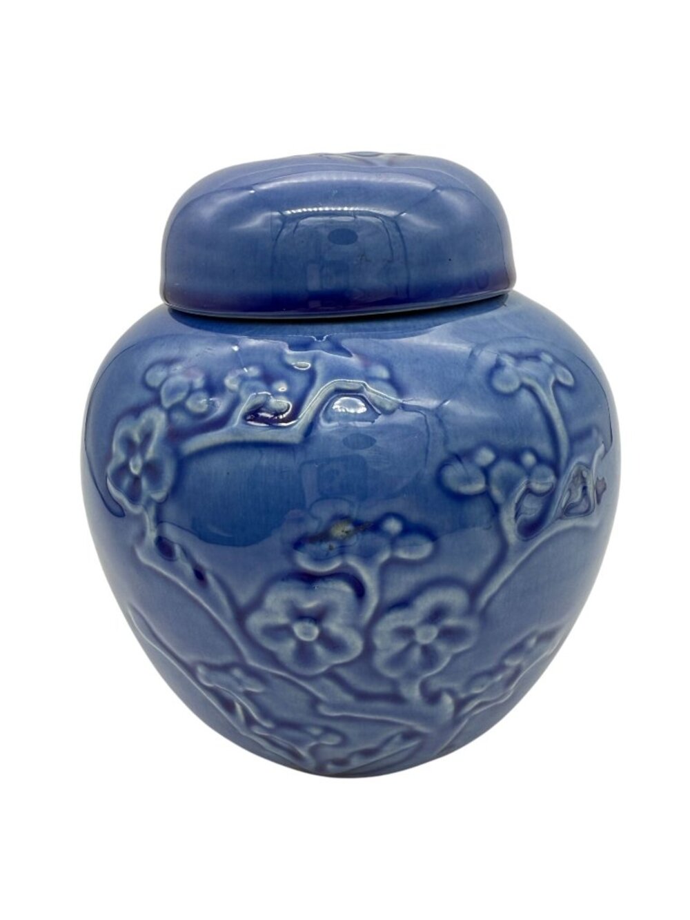 Metlox Blue Cherry Blossom Ginger Jar w/ Lid Floral Embossed California Pottery